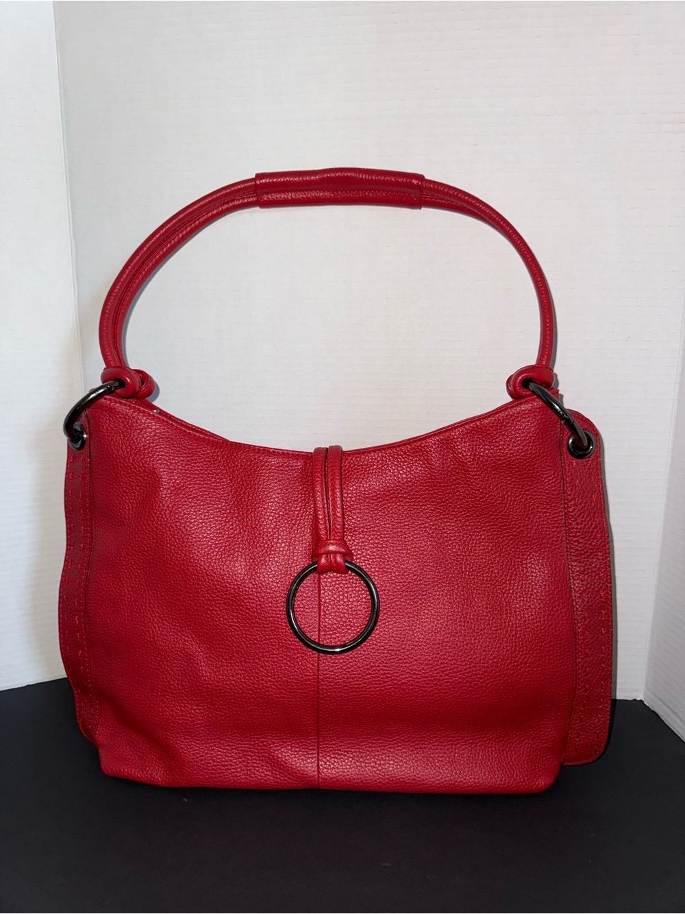 VERA PELLE Italy Red Pebbled Leather Stitch Detail Gunmetal Shoulder Hobo Bag